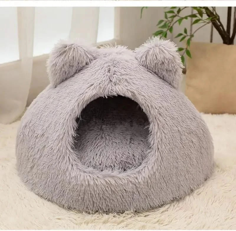 Cozy Plush Cat Cave Bed for Indoor Cats, Self-Warming Washable Cushion