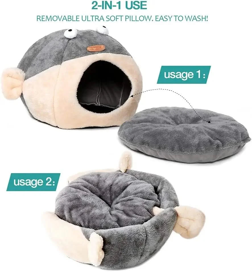 Cozy Pufferfish Cat Cave Bed with Washable Pillow, Soft Plush for Indoor Cats