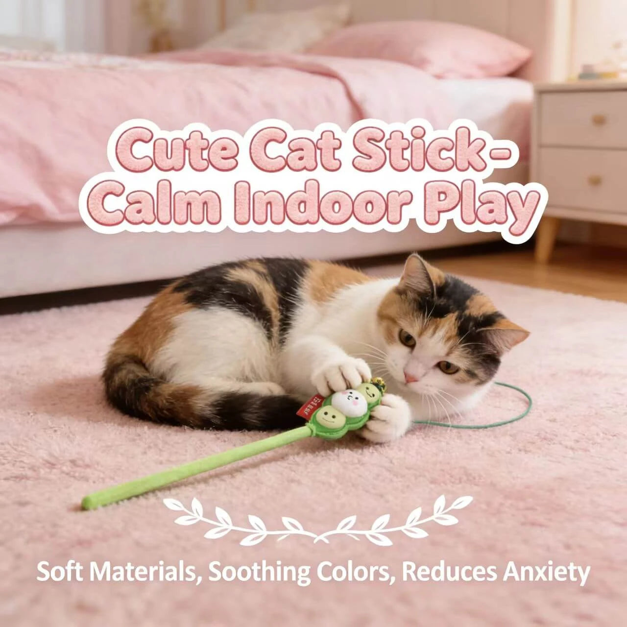 Cute Pea Pod Cat Teaser - Soft Pom-Pom Tassels, Bell, Green Fabric Wand