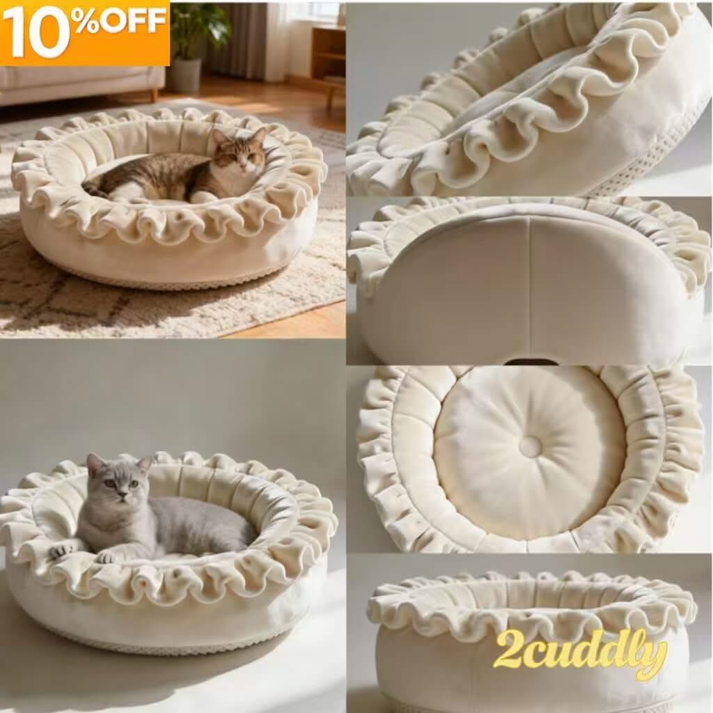 Cozy Ruffled Pet Bed for Cats- Soft Velvet, Round Cushion, Beige, All-Season