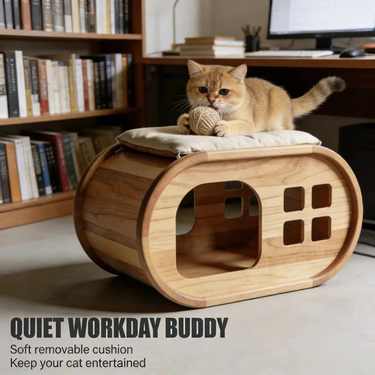 2-in-1 Wooden Cat Ottoman - Cushioned Top, Cat Cave, For Indoor Cats