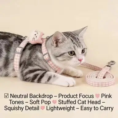 Escape-Proof Cat Harness & Leash: Cute Cat Face Accent, Plaid Design