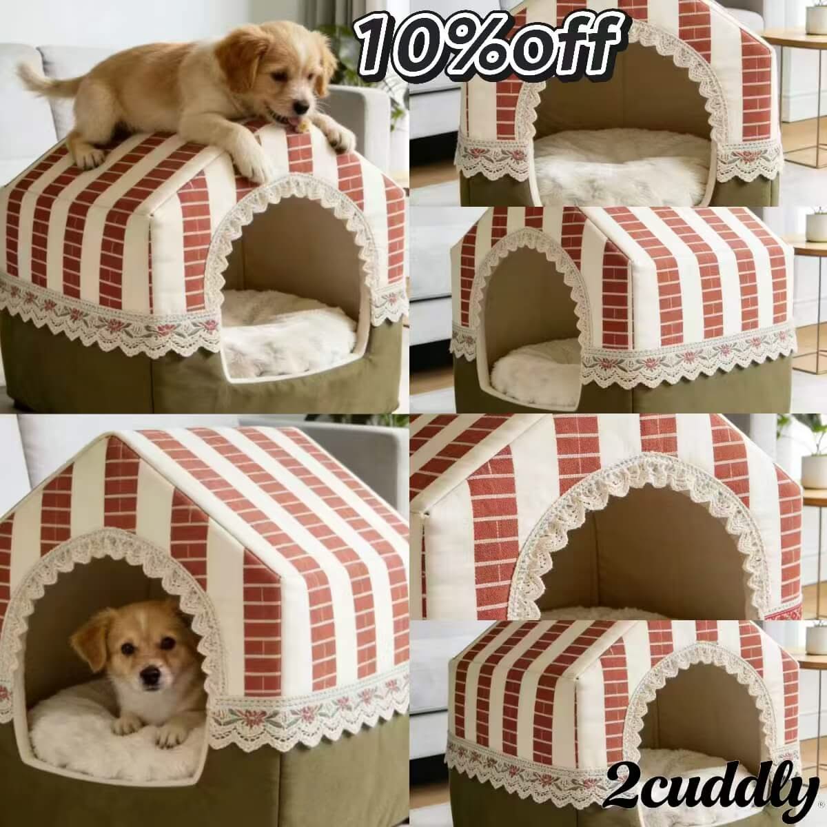 Cottage Dog Bed, Washable Cover, Warm Lining, Red/White/Green, Lace Trim