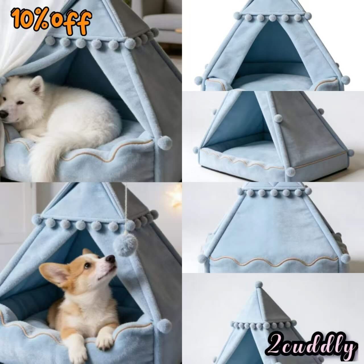 Playful Hideout Pet Bed for Dogs - Blue Tent, Pom-Pom Trim, Spacious Interior