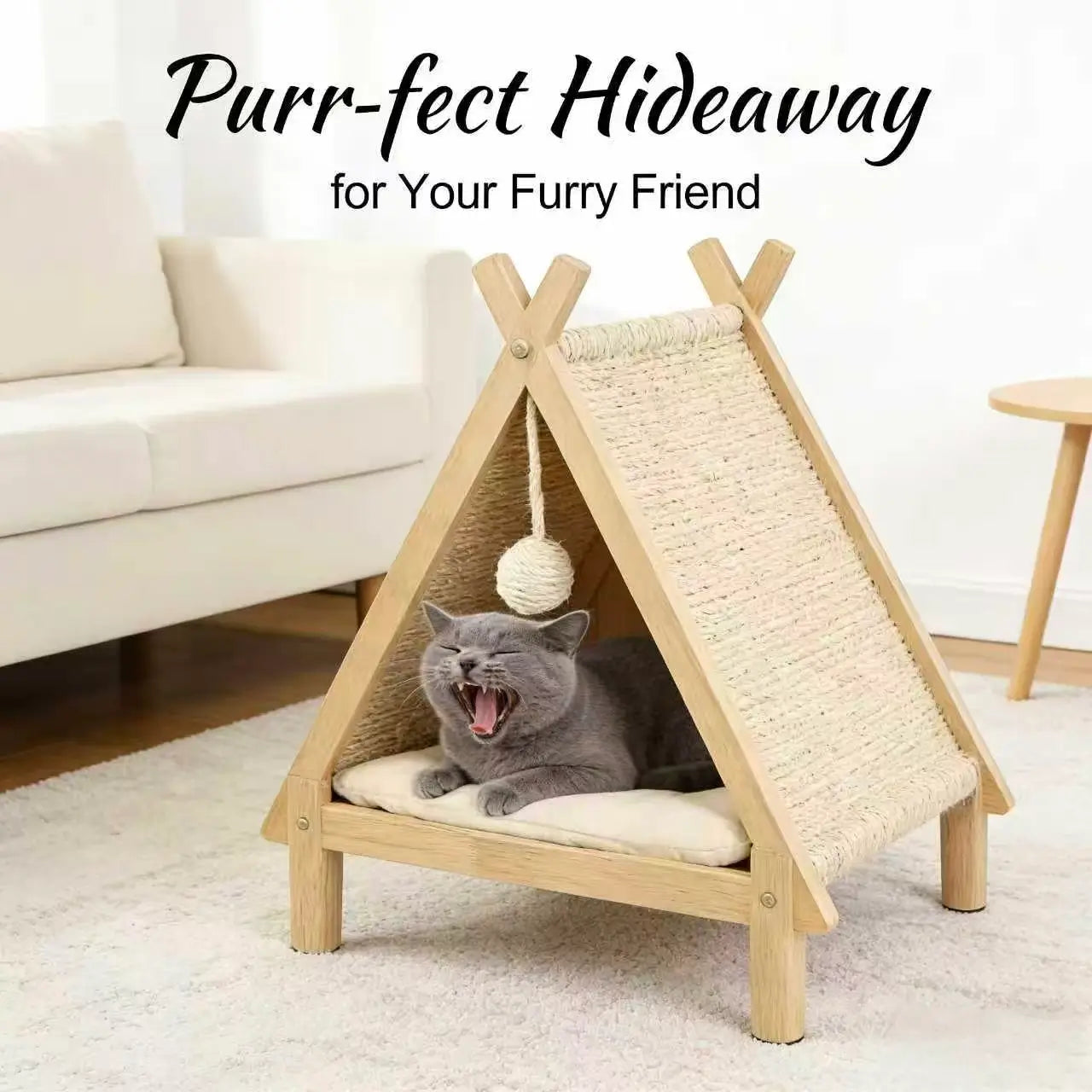 2-in-1 Wooden Cat Teepee & Scratcher: Triangle Hideaway with Cushion & Toy, for Indoor Cat Comfort