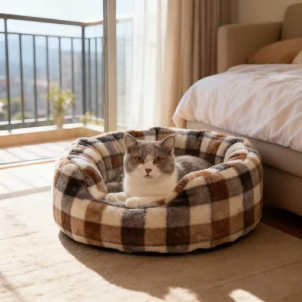 Plaid Faux Fur Pet Bed for Cats - Brown-White-Gray, Round, Soft Cushion, Cozy All-Season
