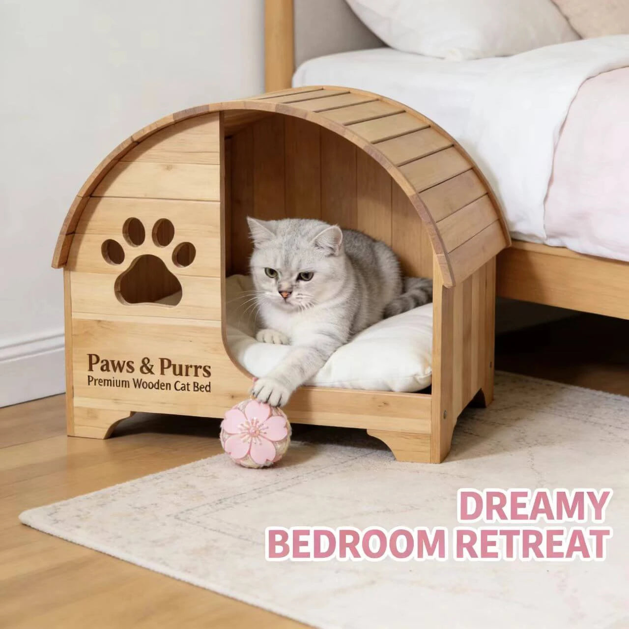 Rustic Cat House with Paw Cutout - Windowed, Removable Cushion, Pet Furniture