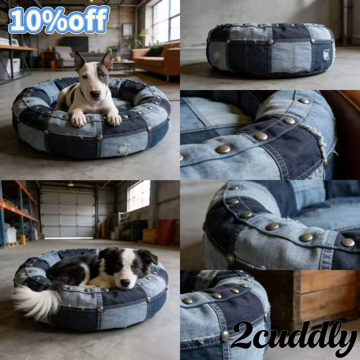 Denim Patchwork Dog Bed , Distressed Studded Design for Small-Medium Dogs