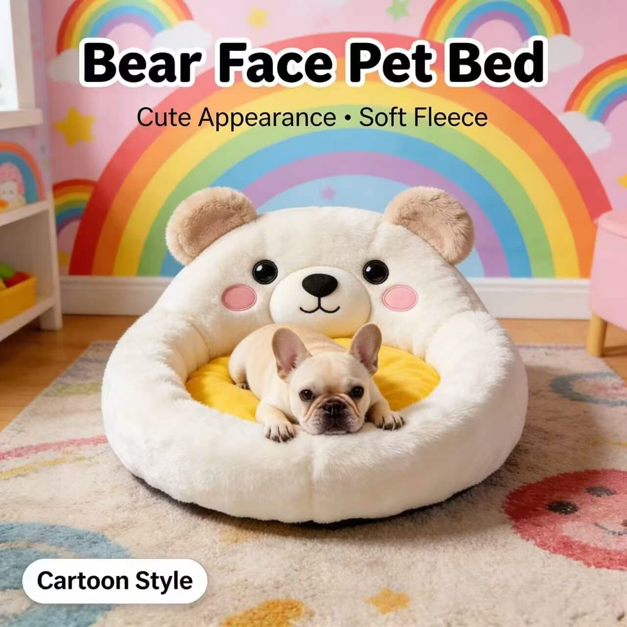 Cartoon Bear-Face Pet Bed for Dogs - Soft Fleece, White-Yellow, Cute, Cozy Cushion, All-Season