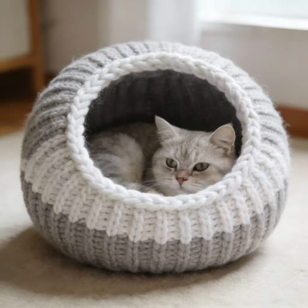 Two-Tone Knit Pet Cave Bed for Cats - Gray-White, Cozy Hiding Spot, Soft Cushion