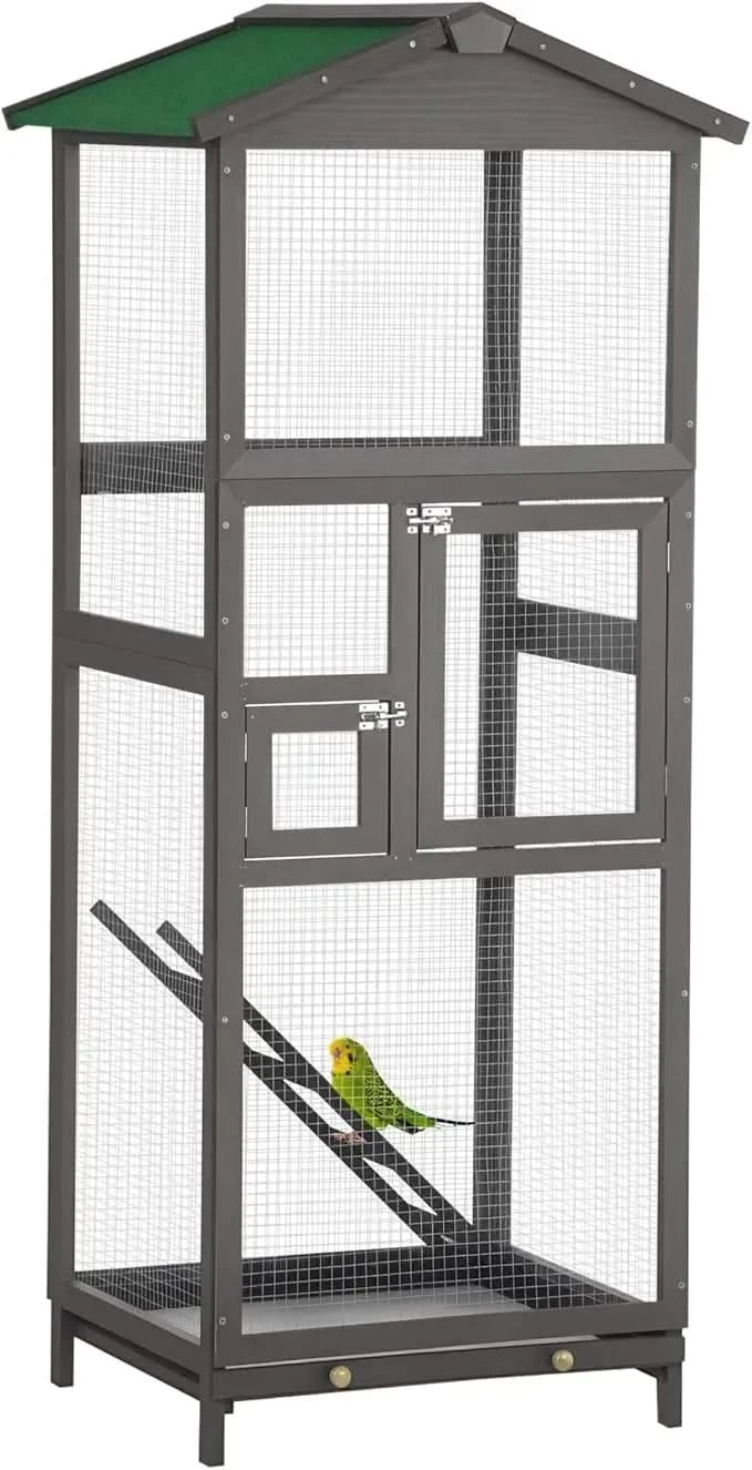 PawHut 65" Outdoor Wooden Bird Aviary House, Large Parrot Parakeet Cage, Grey