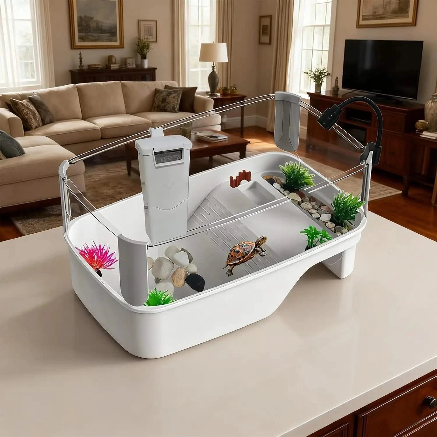 TOTZLIAN All-in-One Small Turtle Habitat Kit with Basking Platform & Filter