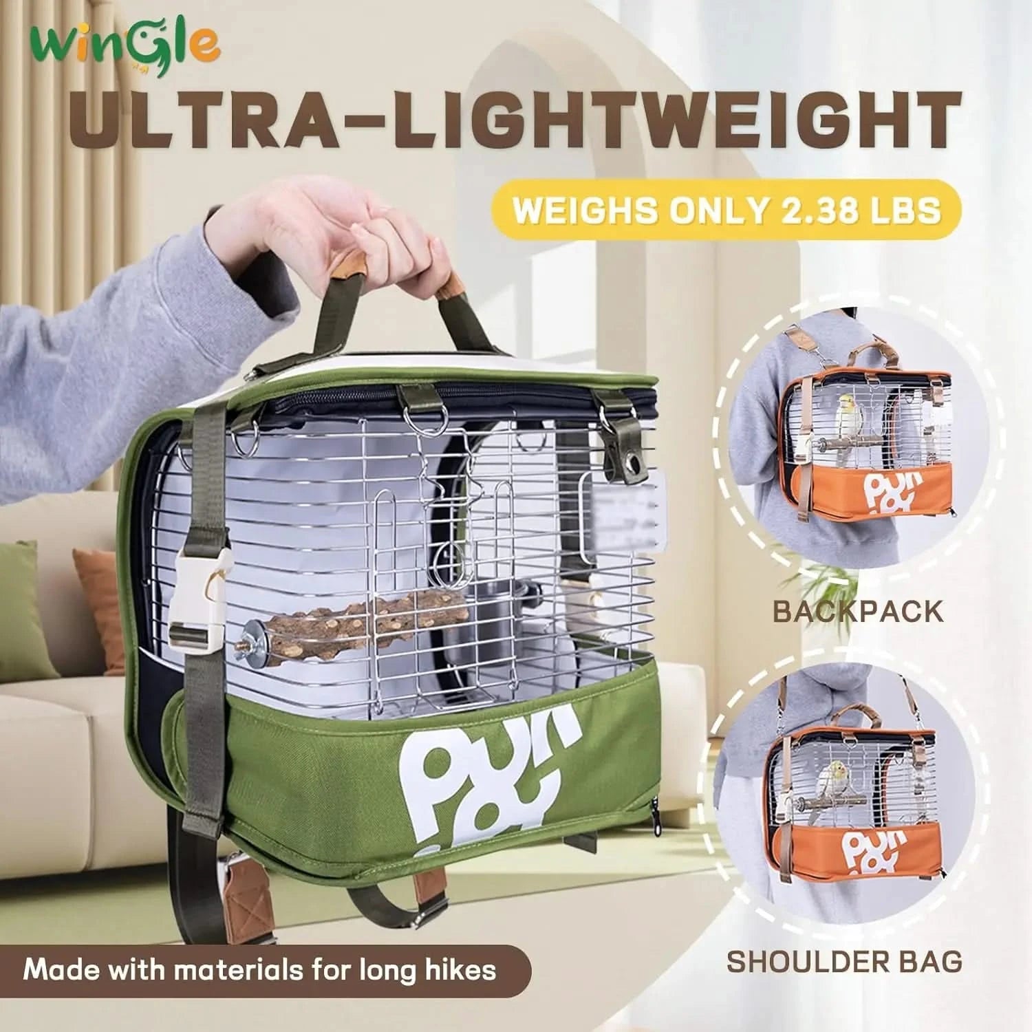 Wingle 4-in-1 Compact Bird Carrier Backpack Travel Cage for Small Parrots