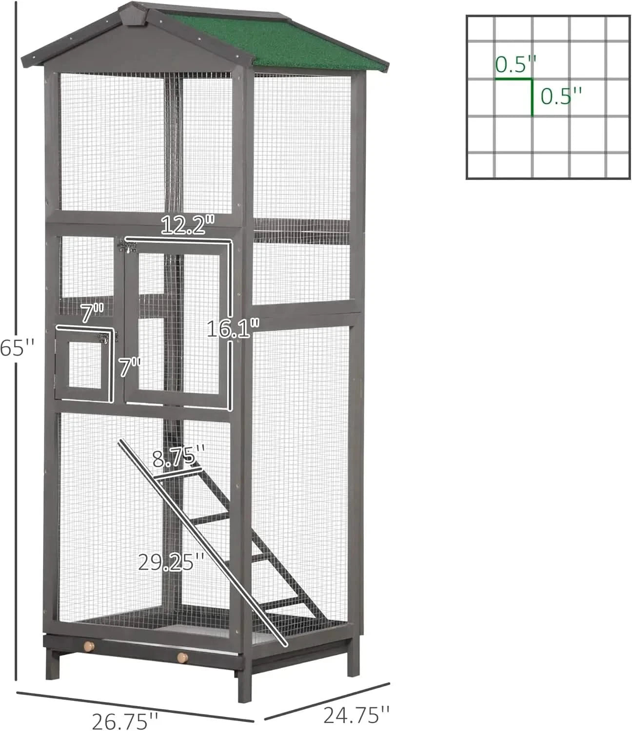 PawHut 65" Outdoor Wooden Bird Aviary House, Large Parrot Parakeet Cage, Grey