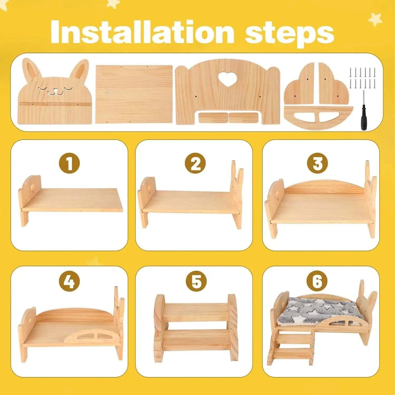 Cozy Wooden Guinea Pig Bed with Stairs & Mat for Small Animals Hideout