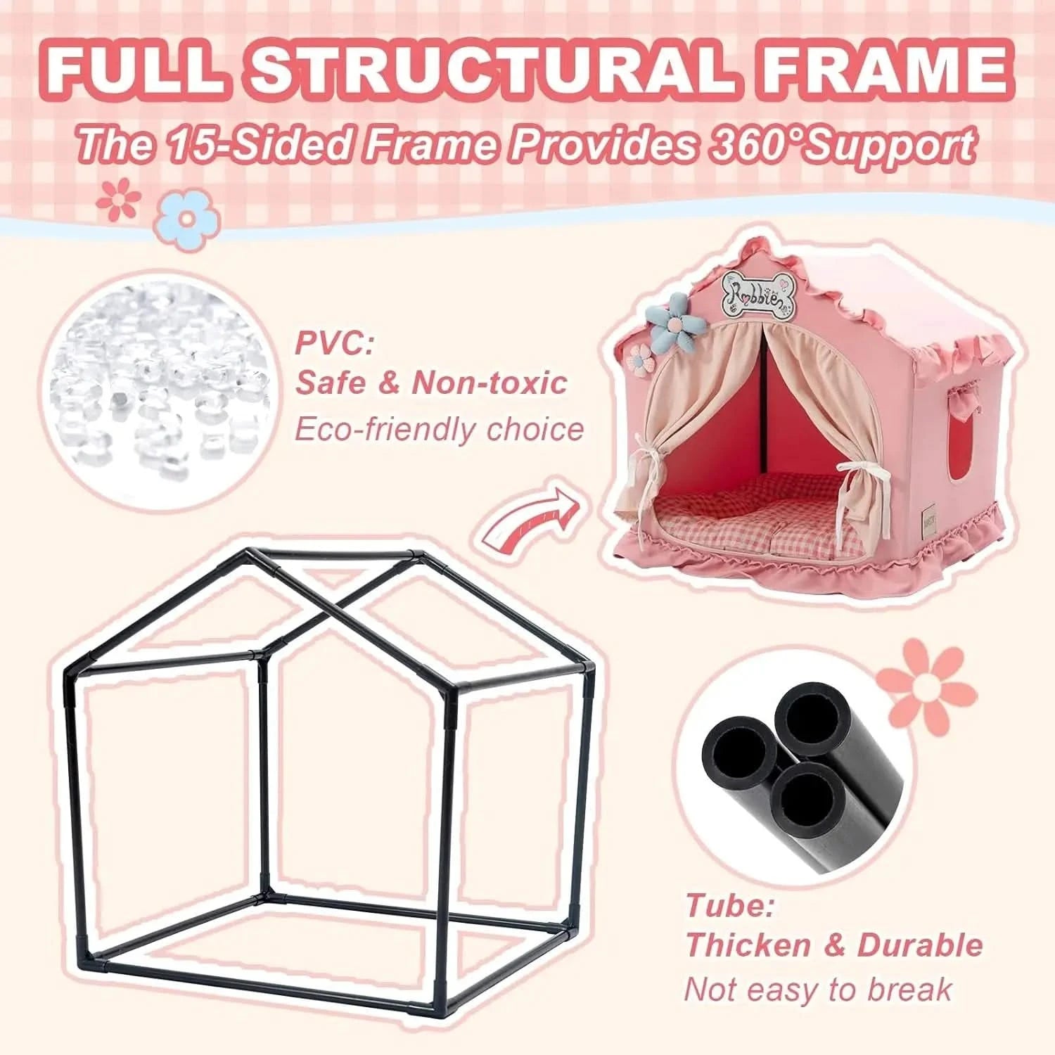 Jiupety Pink Indoor Dog Tent Bed with Frame, Breathable Washable Foldable Pet Cave for Small Dogs & Cats