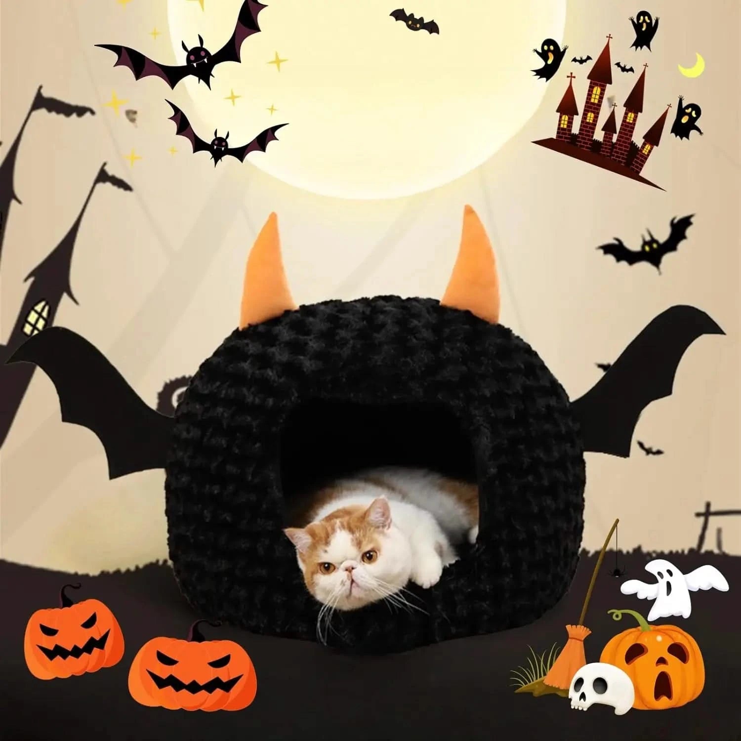 Funny Halloween Bat Cat Cave Bed: Warm, Ultra-Soft Plush, Removable Cushion