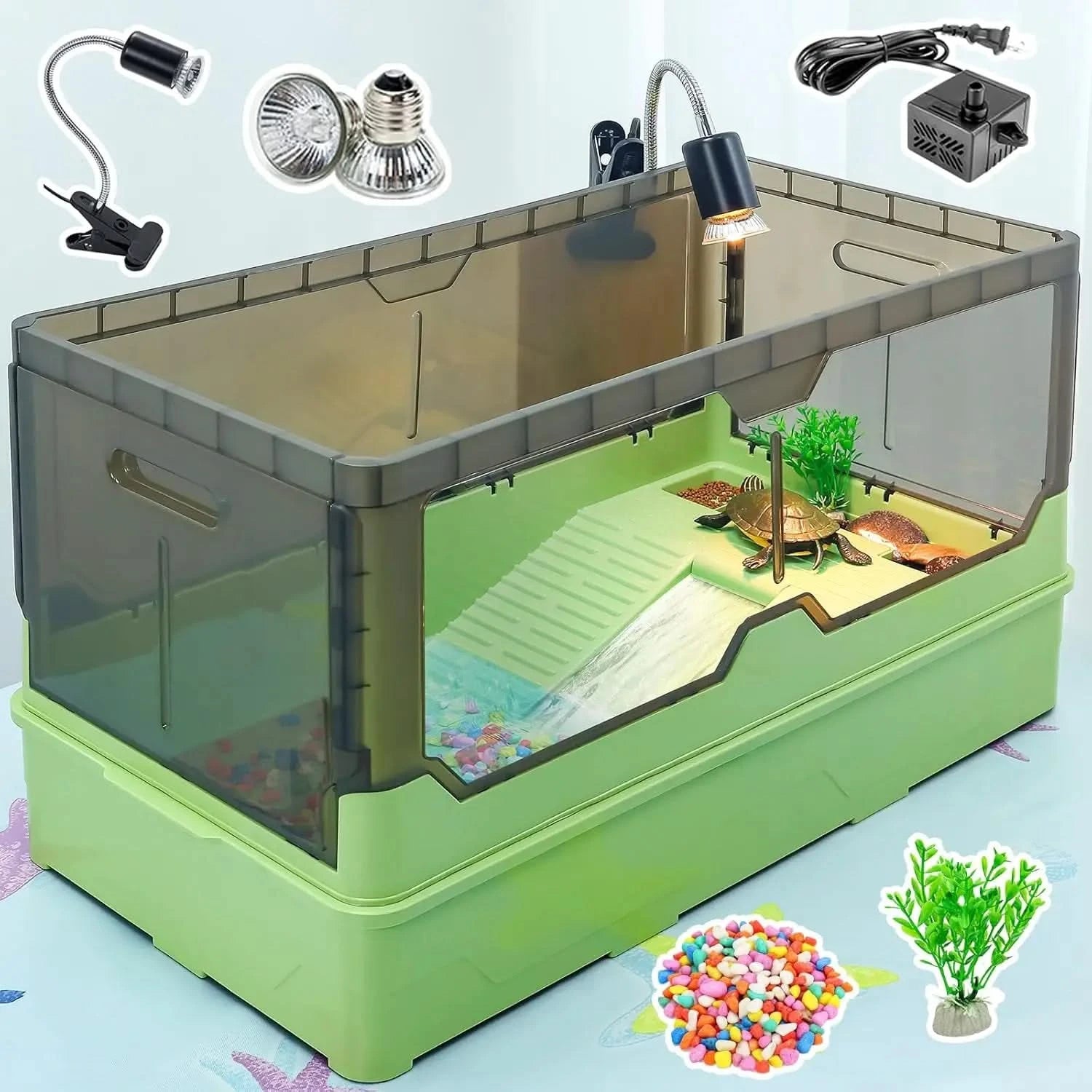 All-in-One Turtle Habitat Tank Kit: Fresh Filtration, Heat Lamp, Waterplay, Easy Clean