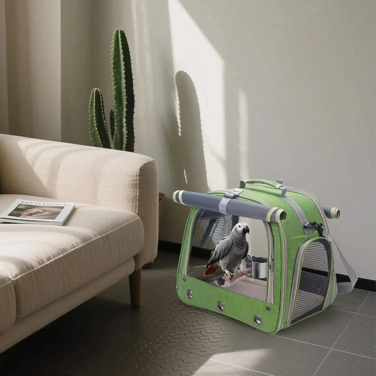 KREACHUR Portable Bird Travel Carrier: Clear Window, Perch, Food Bowls, Breathable