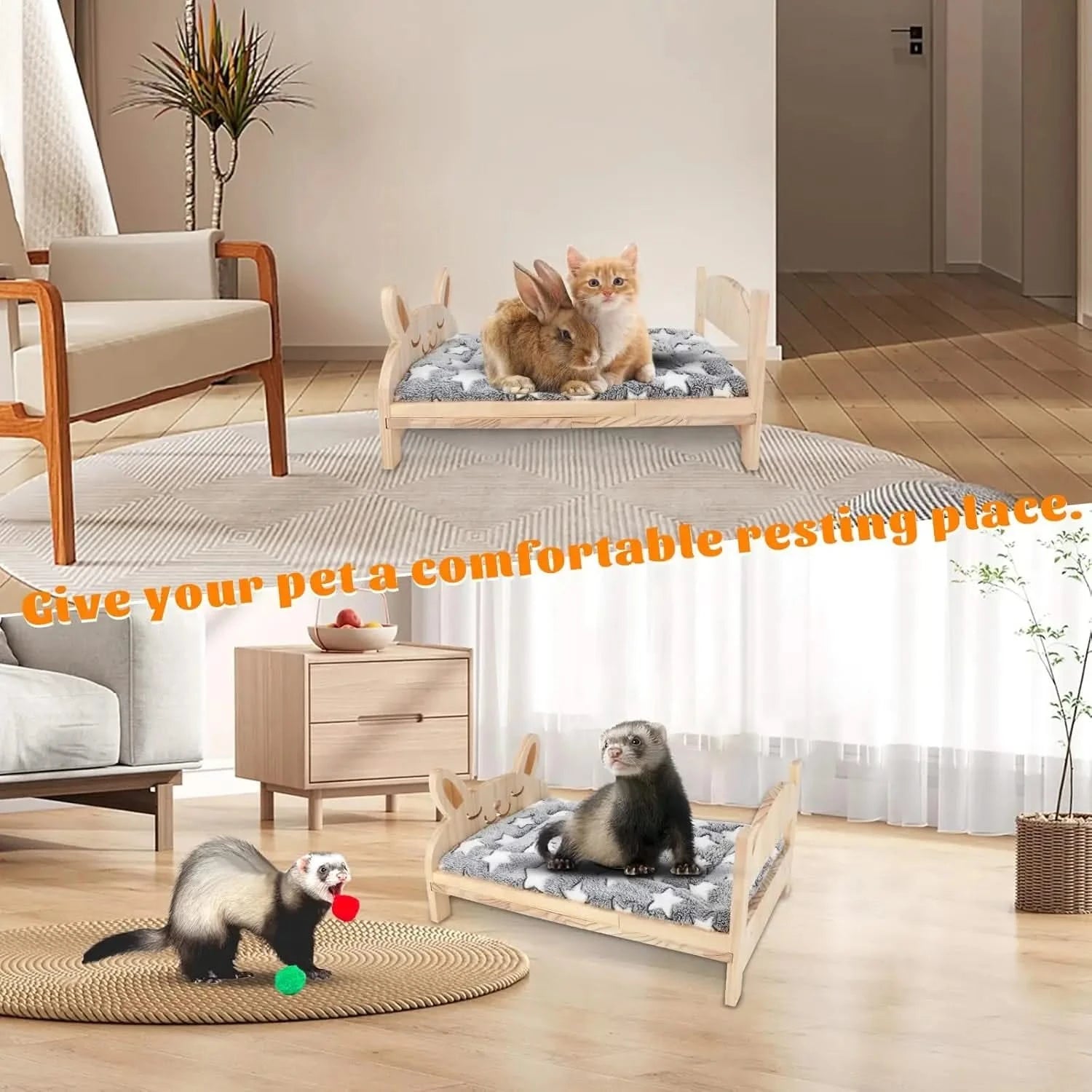 BWOGUE Large Wooden 2-in-1 Folding Rabbit Bed with Removable Comfort Cushion