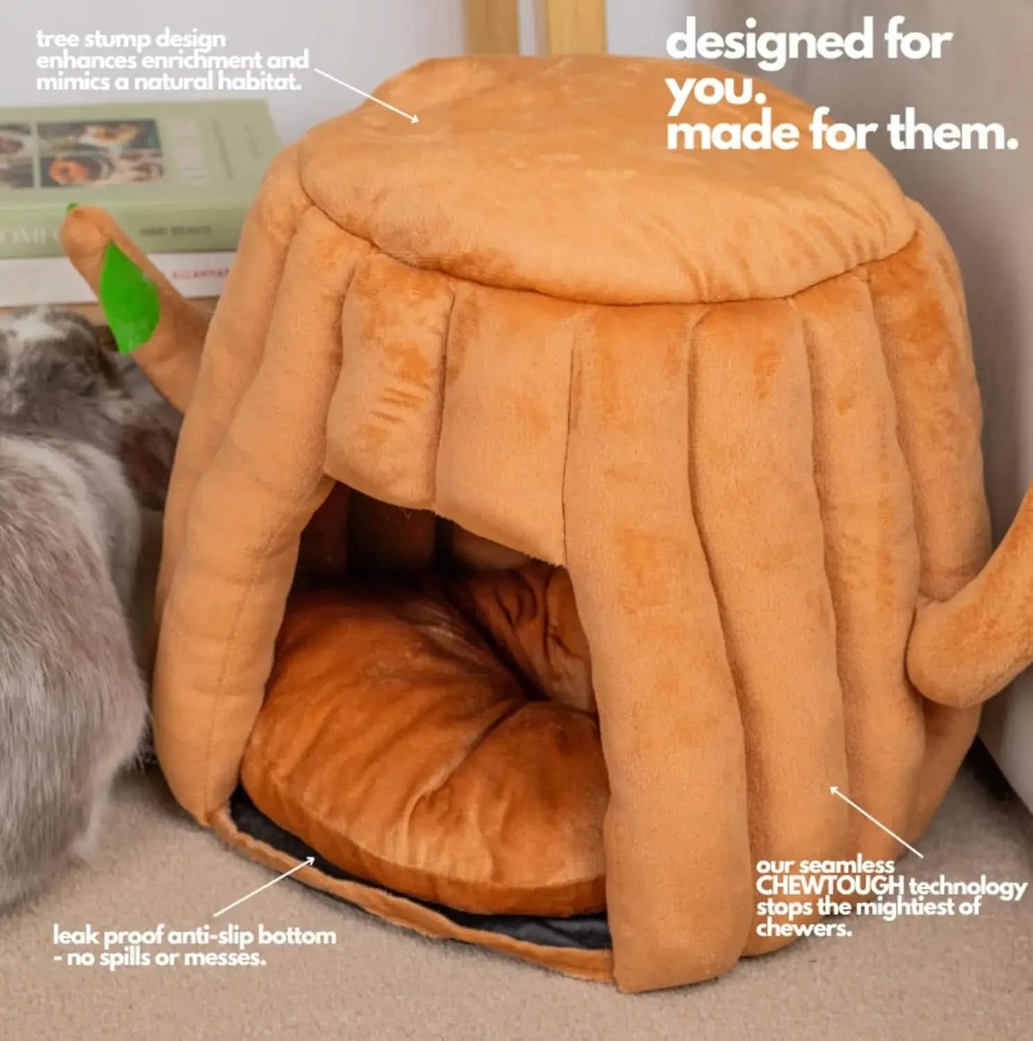 Hopp'd 2-in-1 Washable Small Pet Tree Stump Hideout Bed, Chew-Proof