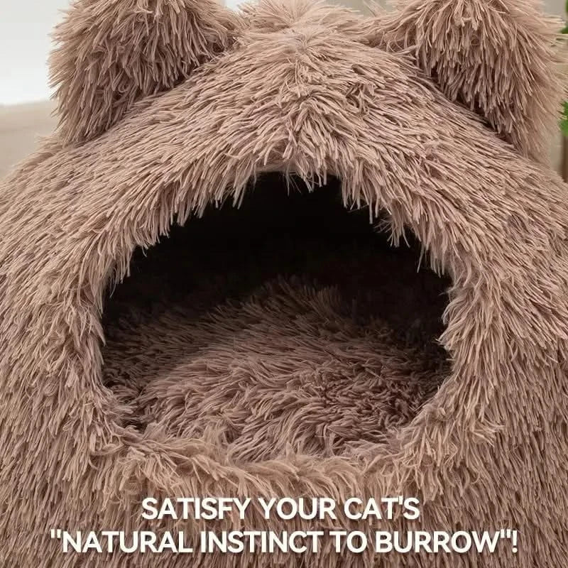 Cozy Plush Cat Cave Bed for Indoor Cats, Self-Warming Washable Cushion