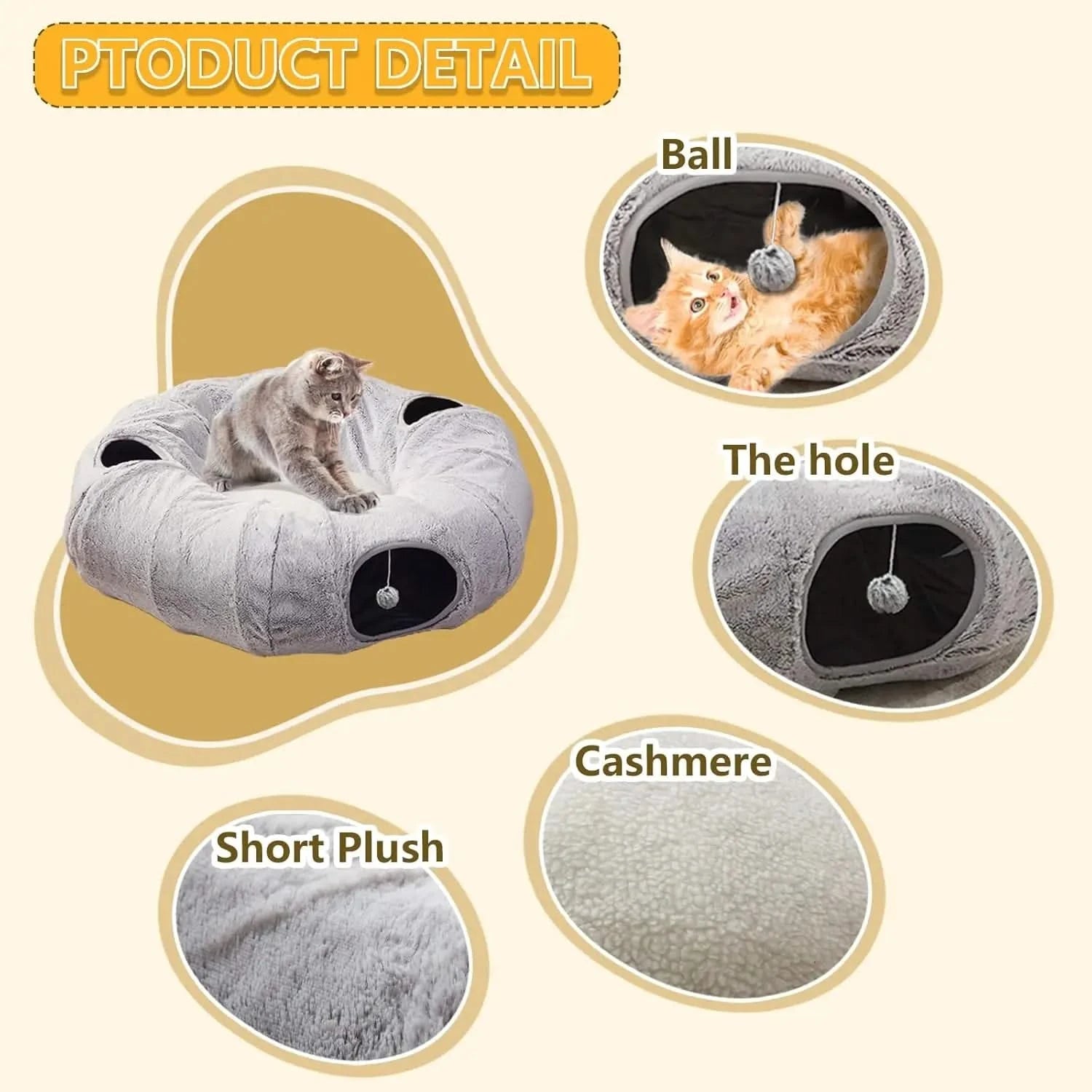 Plush Washable Cat Donut Tunnel Bed for Cozy Indoor Play