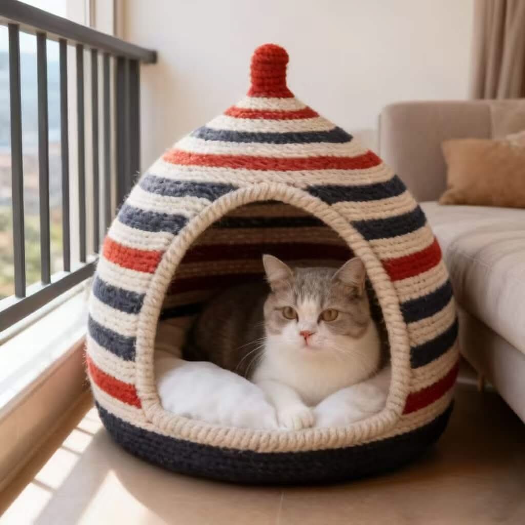 Striped Crochet Pet Cave Bed for Cats - Red-Navy-Cream, Pom-Pom Top, Cozy Hiding Spot