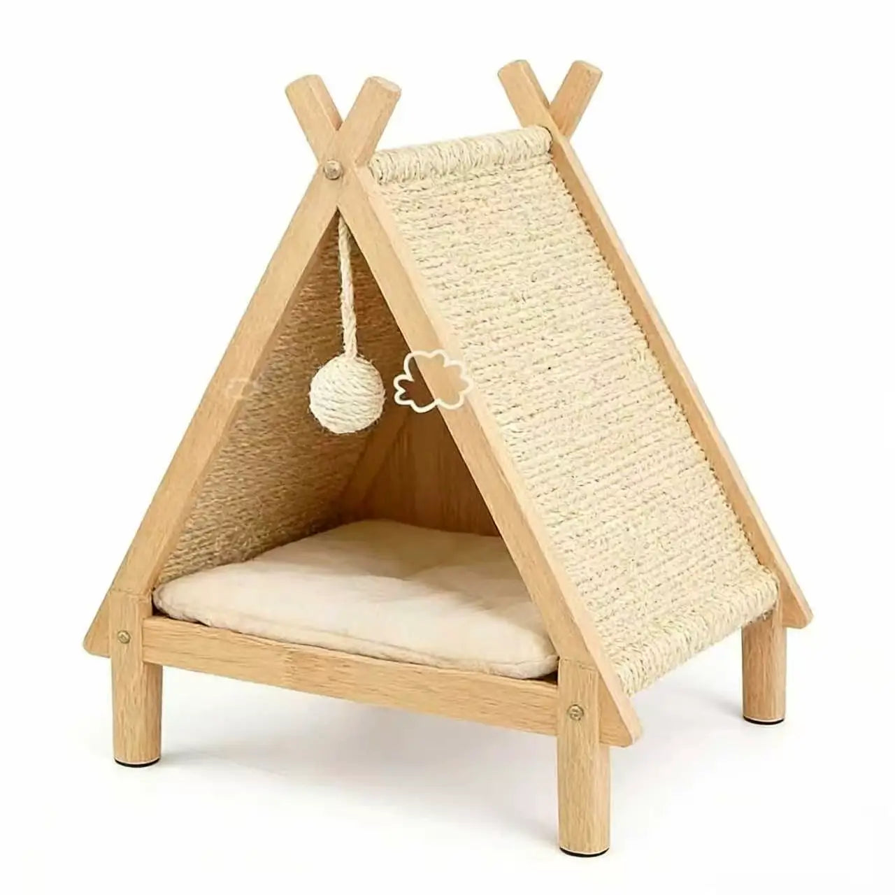 2-in-1 Wooden Cat Teepee & Scratcher: Triangle Hideaway with Cushion & Toy, for Indoor Cat Comfort