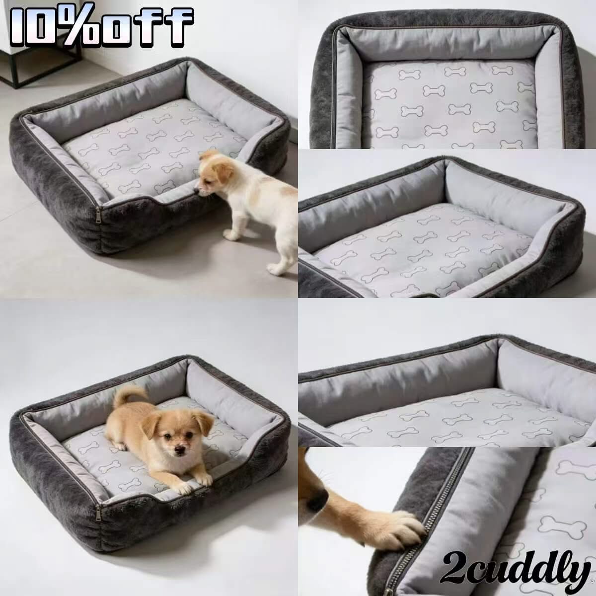 Zipped Pet Bed for Dogs - Washable Cover, Bone-Print, Gray, Soft Cushion, All-Season