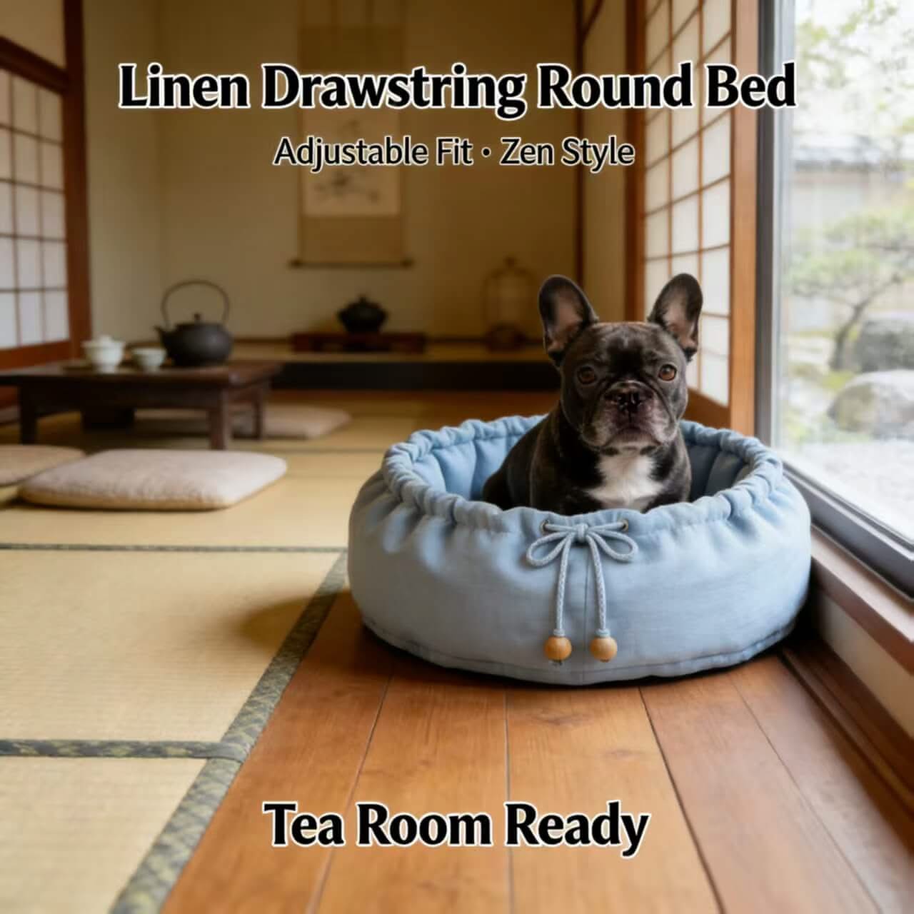 Zen-Style Tea-Room Pet Bed for Dogs - Round, Blue Linen, Adjustable Drawstring, Soft Fit