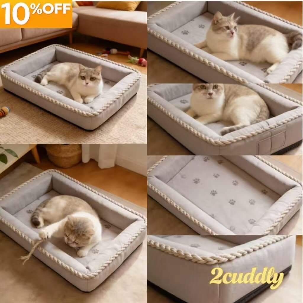 Cozy Pet Bed for Cats- Rope-Trimmed, Paw-Print Pattern, Soft Fabric, Light Gray, All-Season