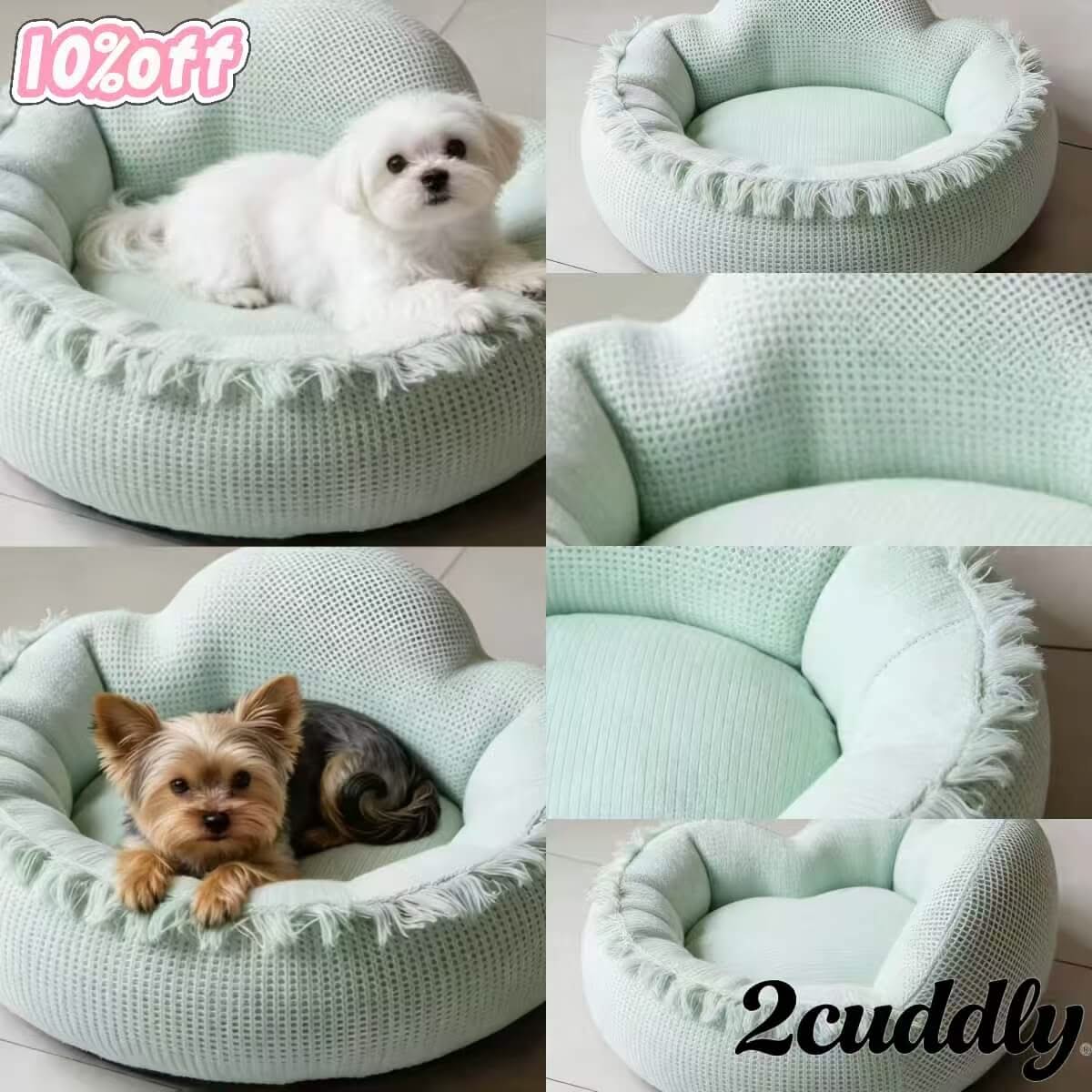 Boho Cloud Dog Bed , Waffle Knit Fringe Detail Light Green for Small Dogs