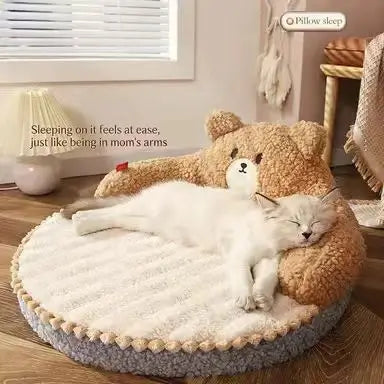 Teddy Bear Cat Bed: Cozy Rest, Striped Surface, Plush Design (Brown-Blue)