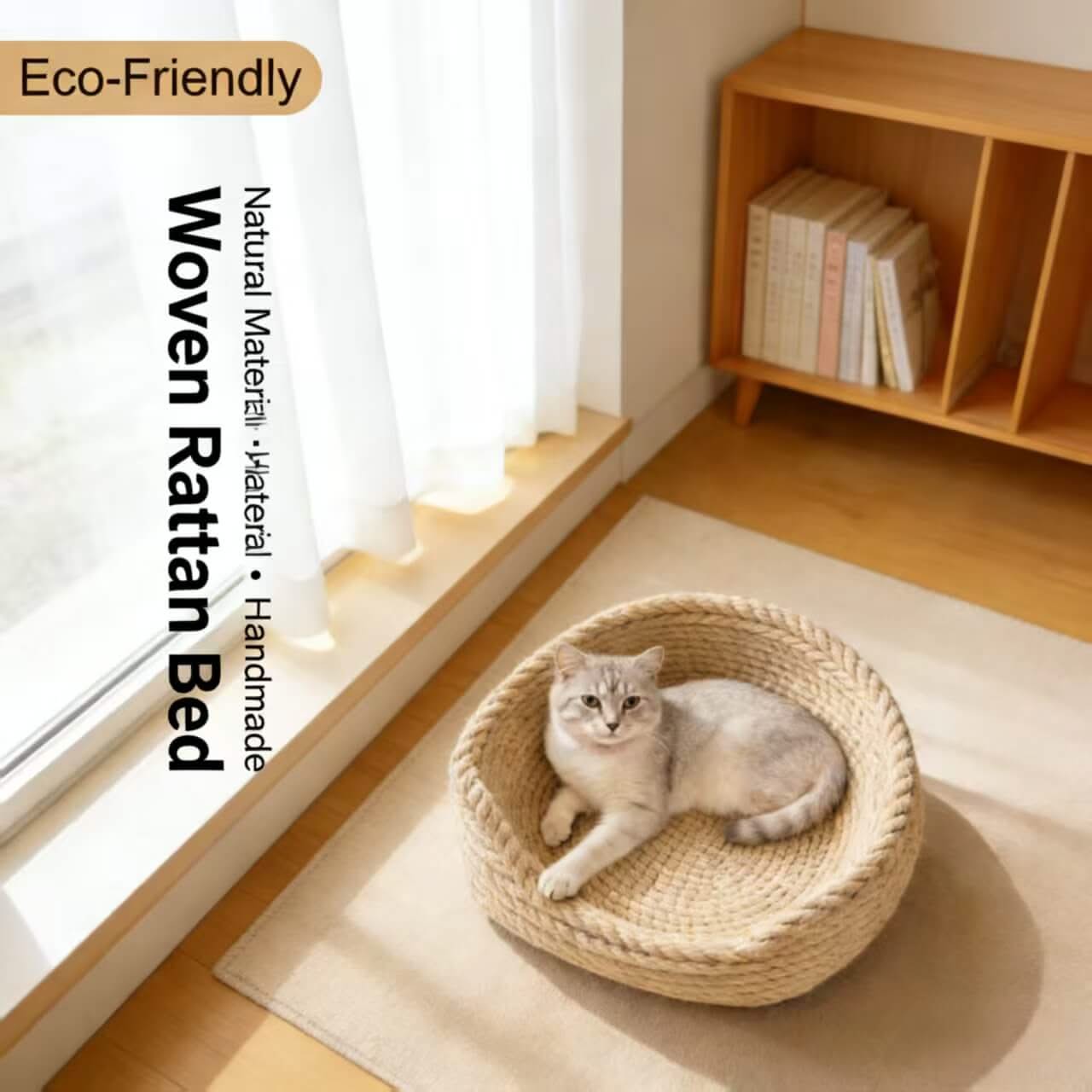 Durable Natural Pet Bed for Cats/Dogs - Beige, Braided Rope Design