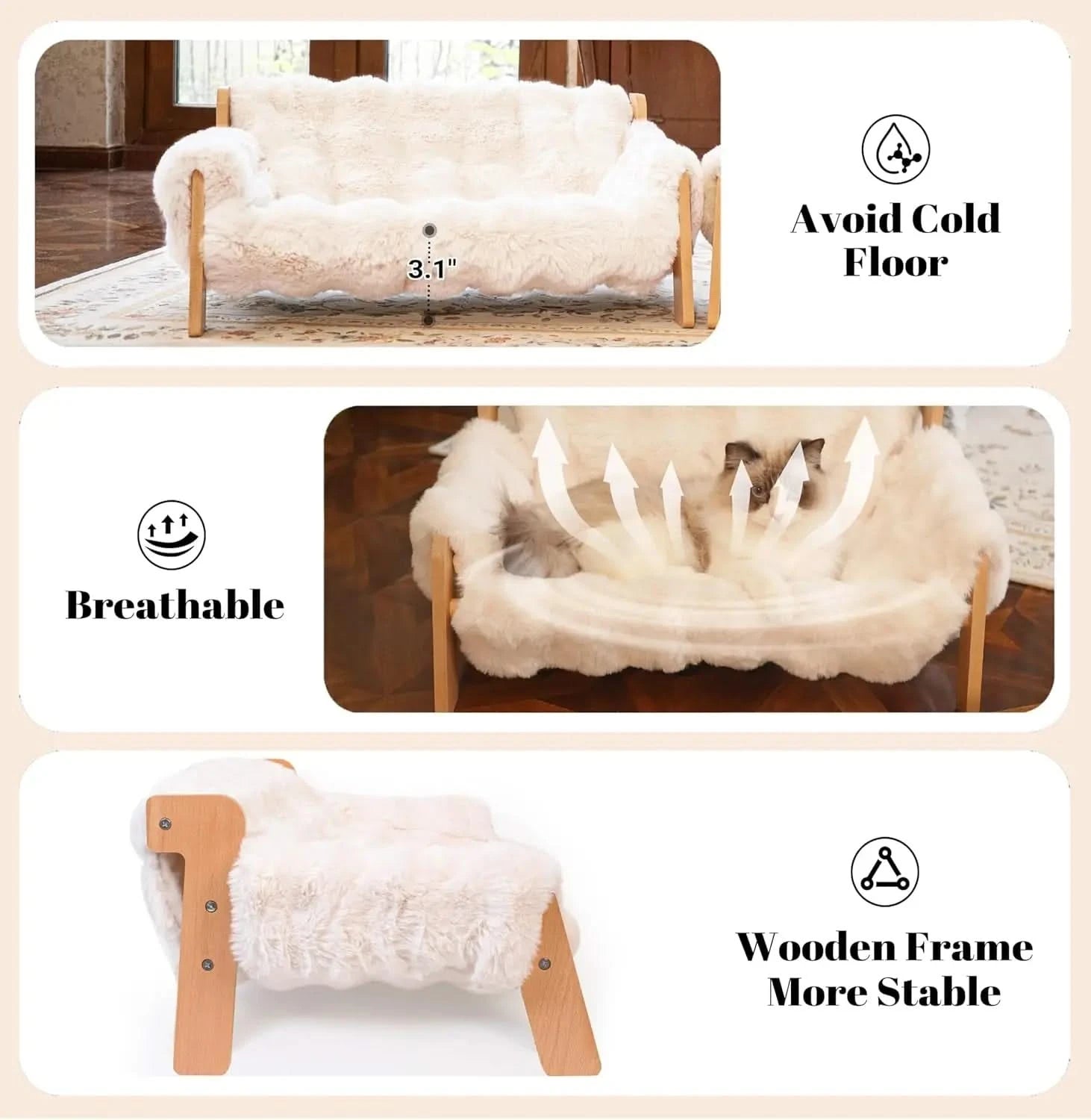 Elevated Wooden Cat Couch Bed for Indoor Cats, Washable Fluffy Cover