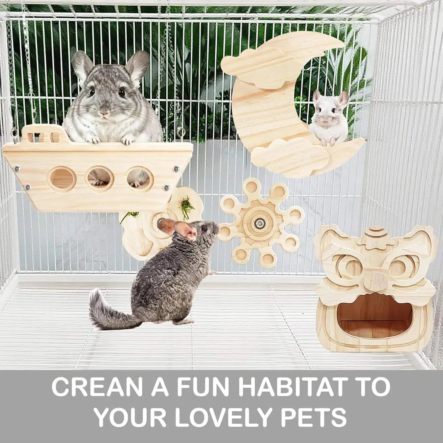 Natural Wooden Chinchilla Hammock Bed Cage Accessory with Interactive Chew Toy