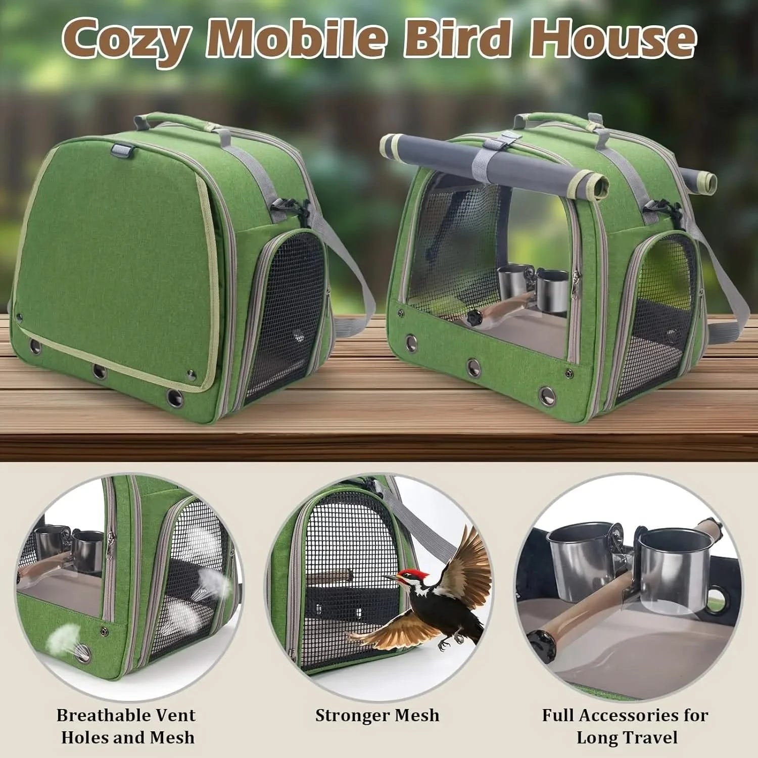 KREACHUR Portable Bird Travel Carrier: Clear Window, Perch, Food Bowls, Breathable