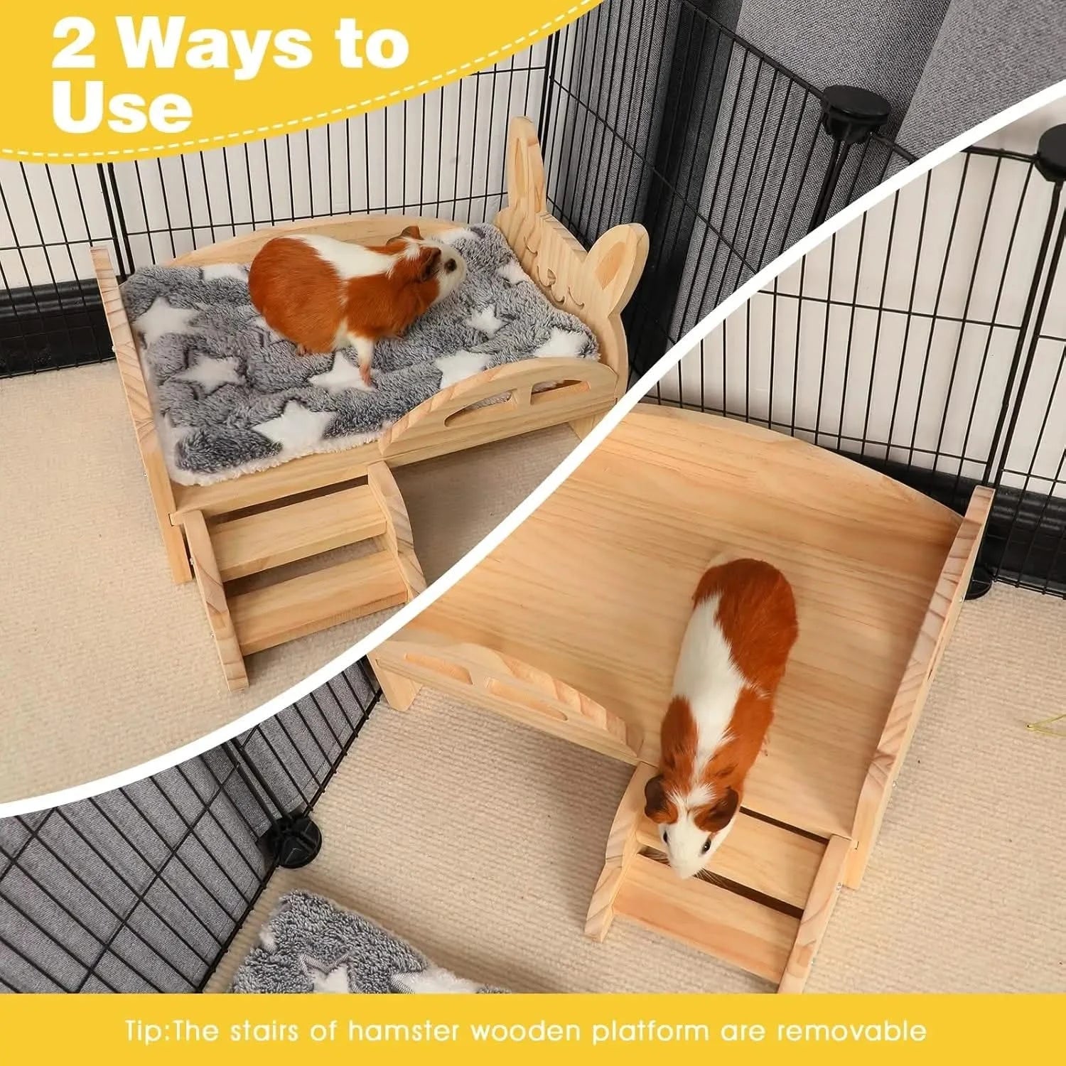 Cozy Wooden Guinea Pig Bed with Stairs & Mat for Small Animals Hideout