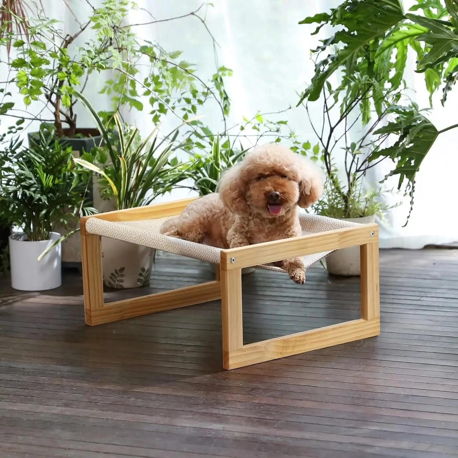 FUKUMARU Elevated Pet Hammock: Breathable Wooden Frame Cat Dog Bed