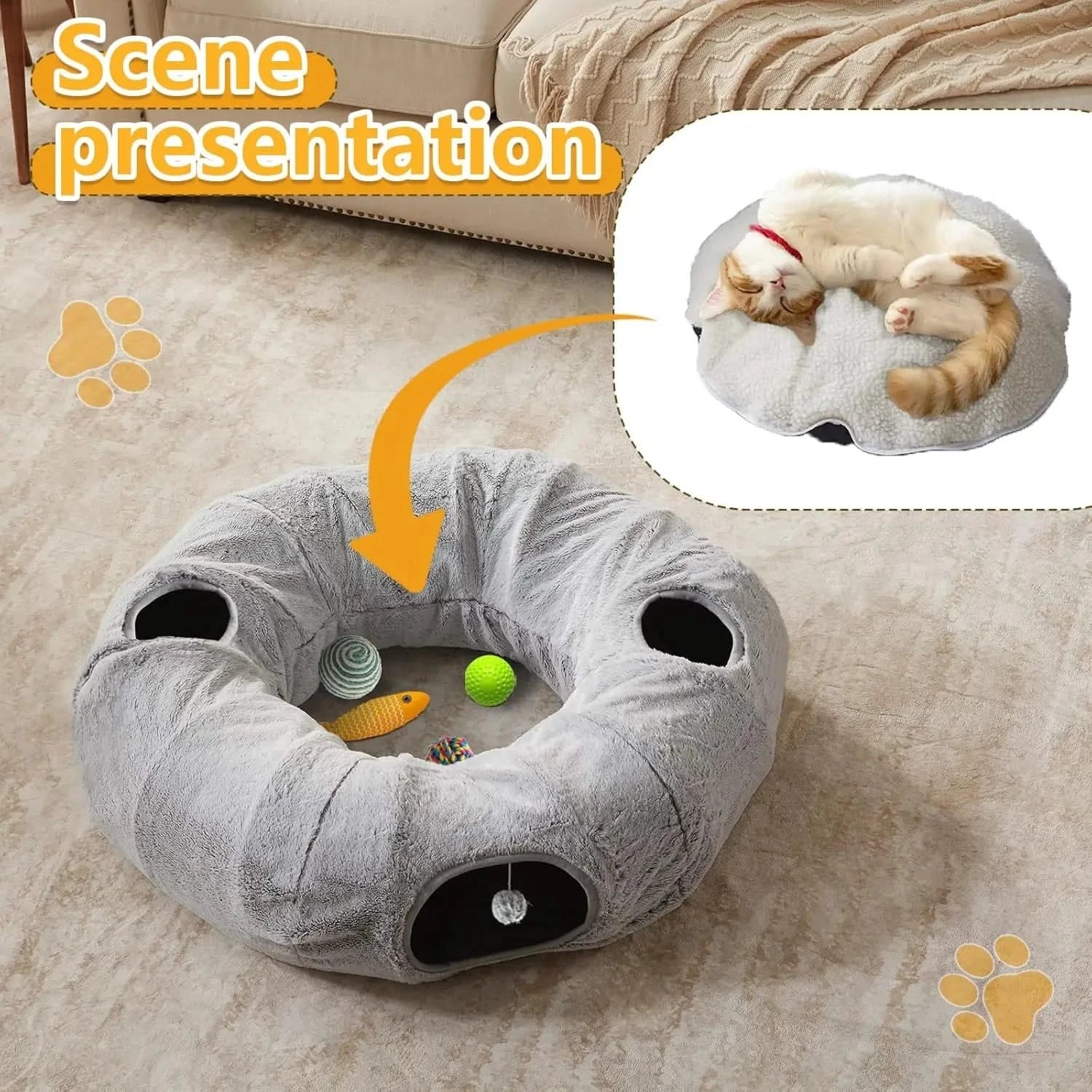 Plush Washable Cat Donut Tunnel Bed for Cozy Indoor Play