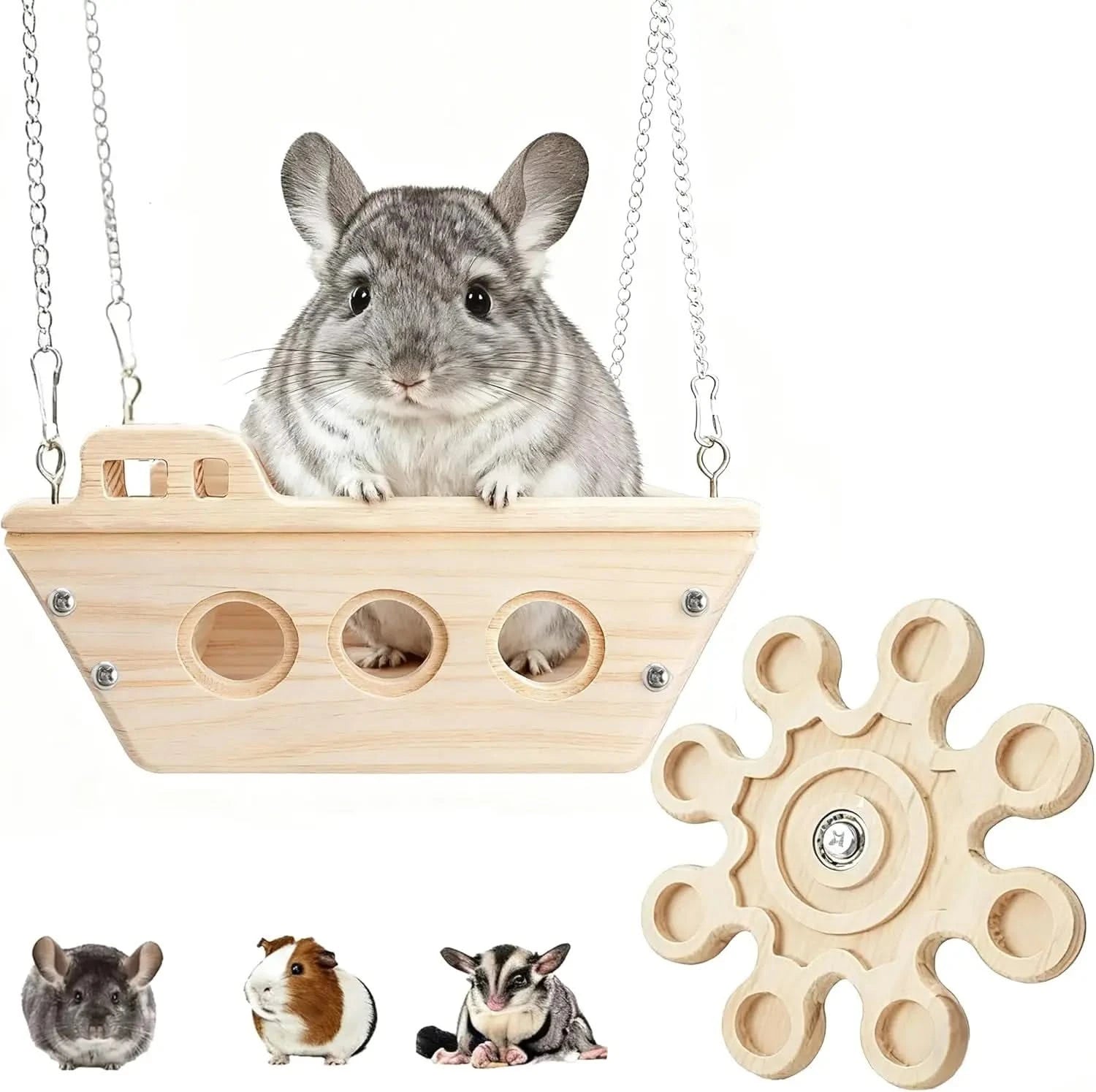 Natural Wooden Chinchilla Hammock Bed Cage Accessory with Interactive Chew Toy