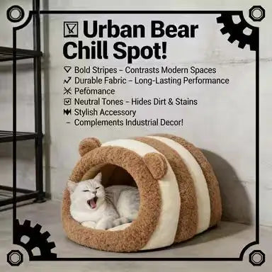 Bear-Ear Cat Bed: Cozy Hideaway, Striped Plush Surface (Brown-Beige)