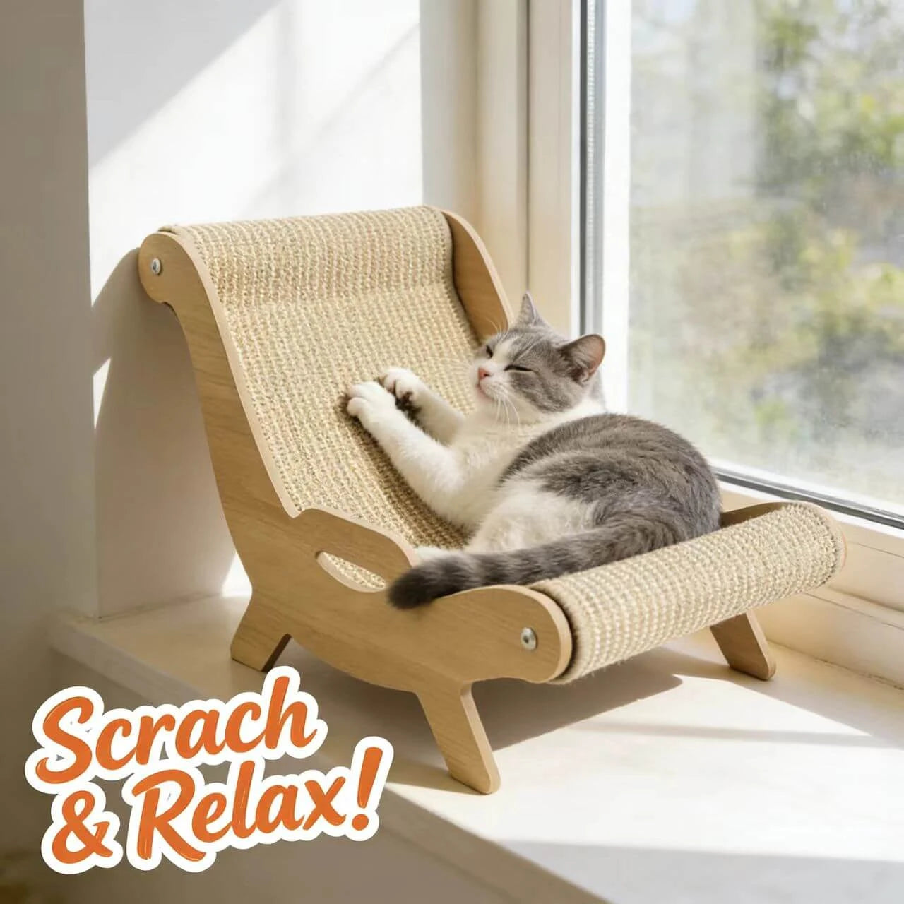 Rest & Scratching Cat Chair & Scratcher for Cats - Wood Frame, Sisal, Beige
