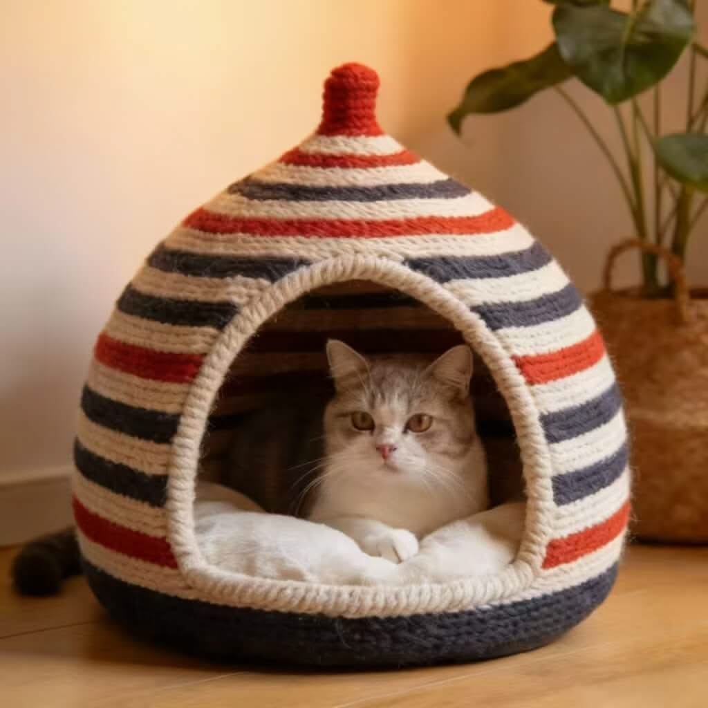 Striped Crochet Pet Cave Bed for Cats - Red-Navy-Cream, Pom-Pom Top, Cozy Hiding Spot