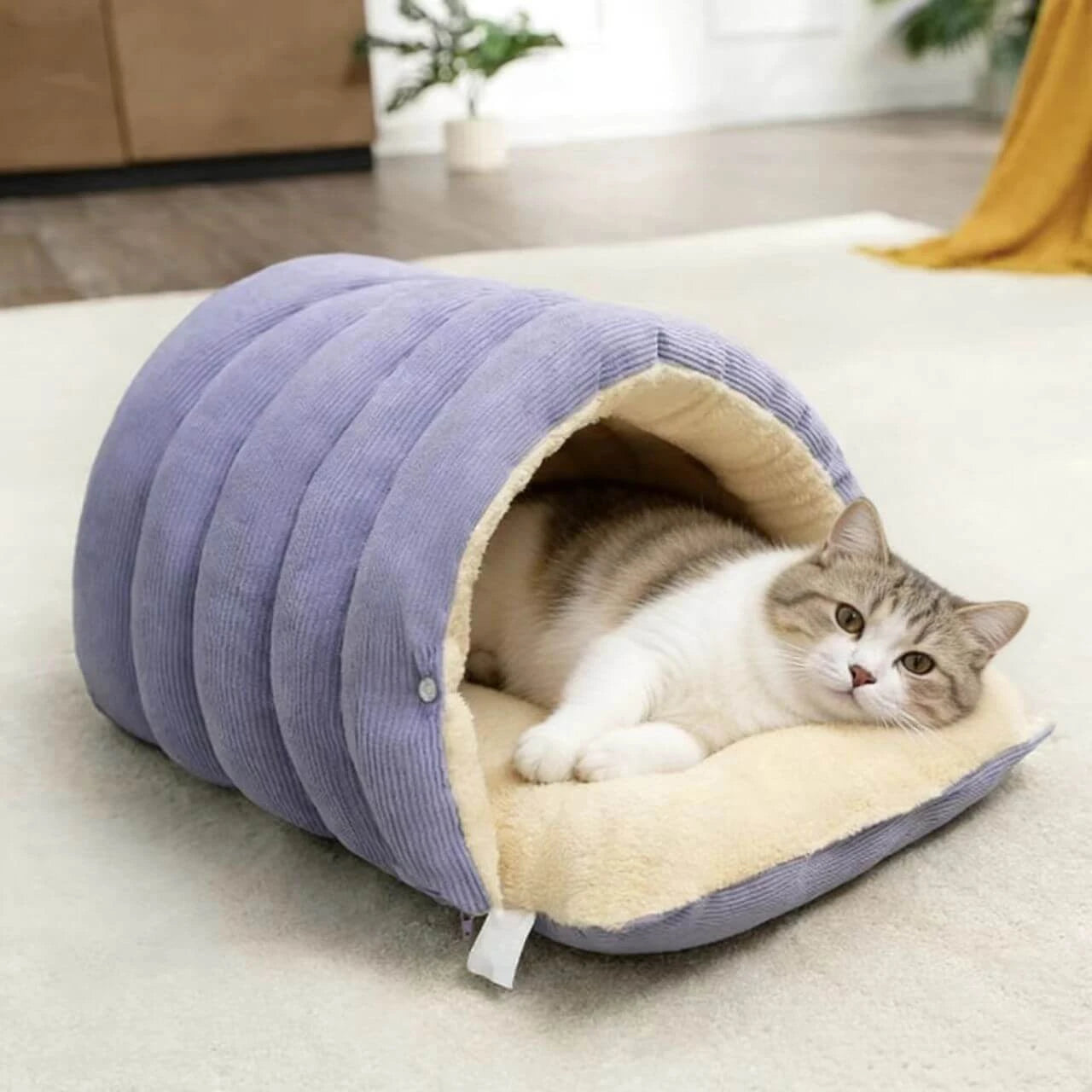 Indoor Cat Hideout Bed - Plush Lining, Cute Caterpillar Shape