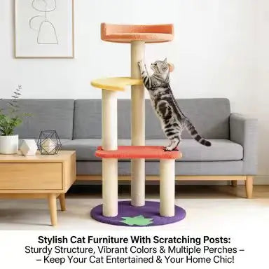 Colorful Cat Scratcher Tree: Multi-Level, Interactive Toy, Sisal Posts (Orange-Red)