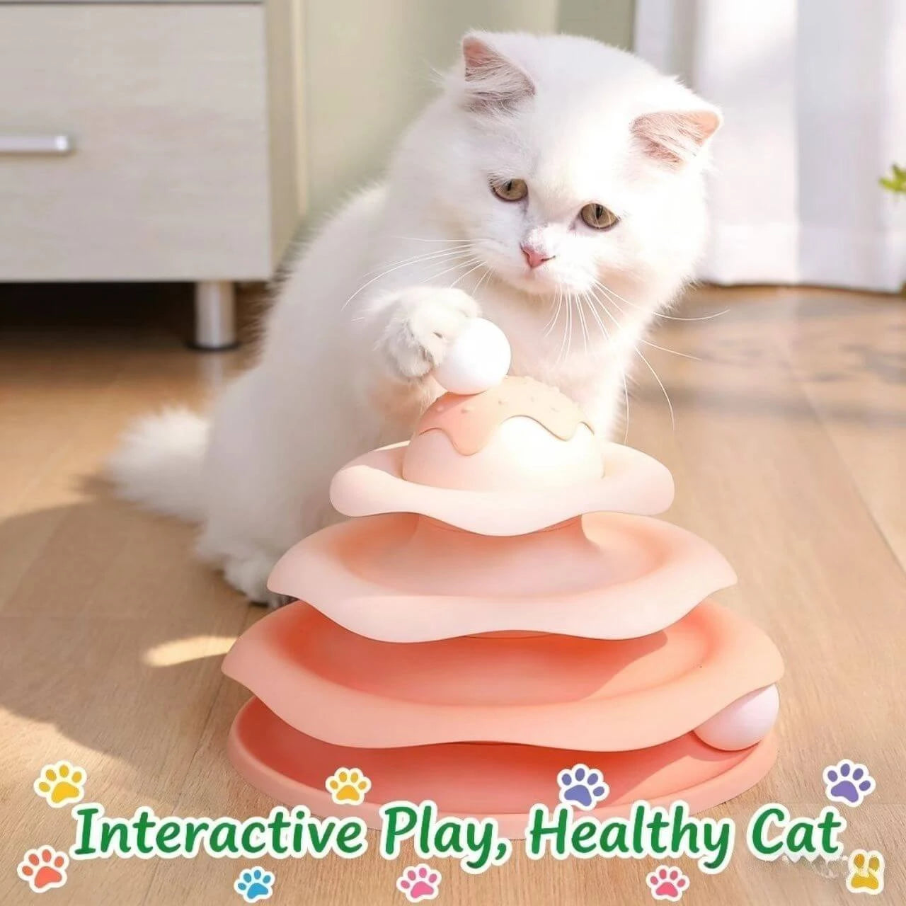 4-Tier Cat Ball Toy Tower - Rolling Balls, Interactive Play, Pink Gradient