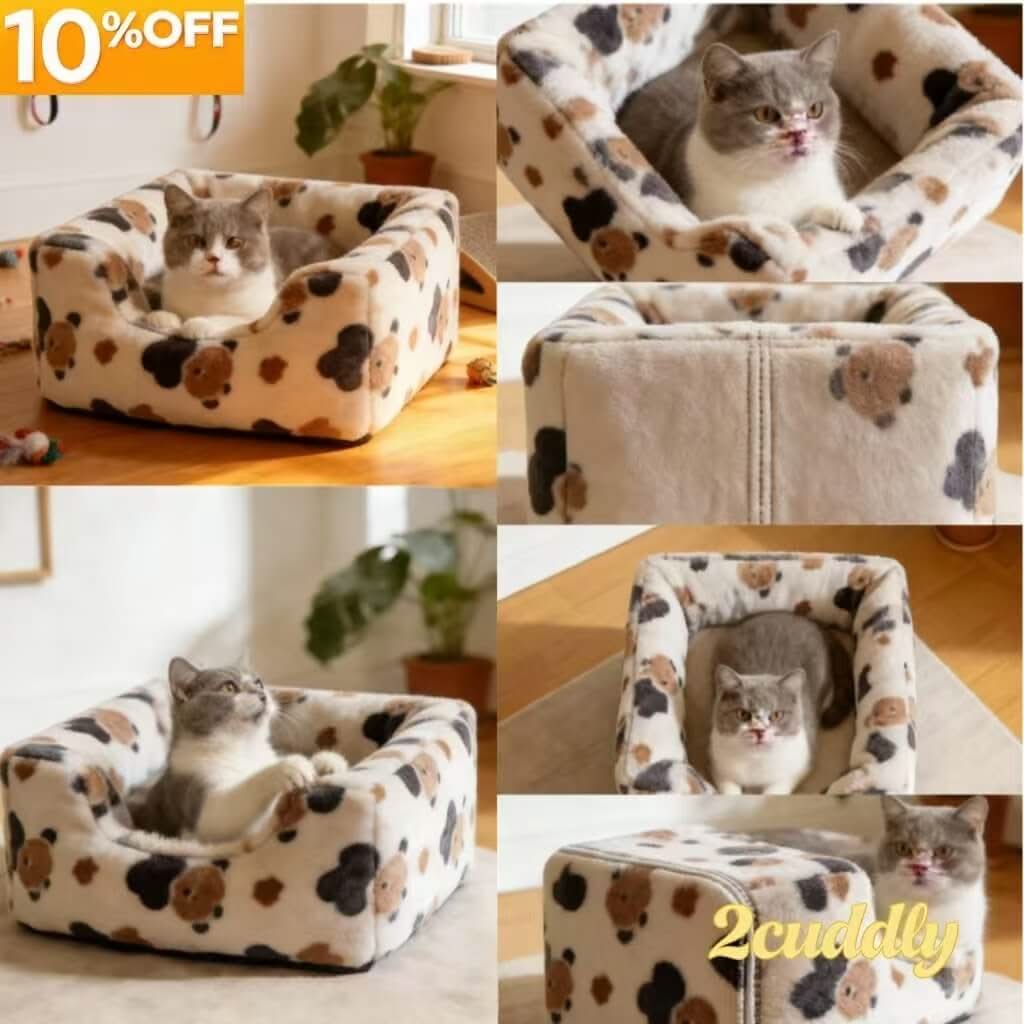 Paw-Print Pet Bed for Cats - White-Brown-Black, Plush, Square, Cozy Cushion, All-Season