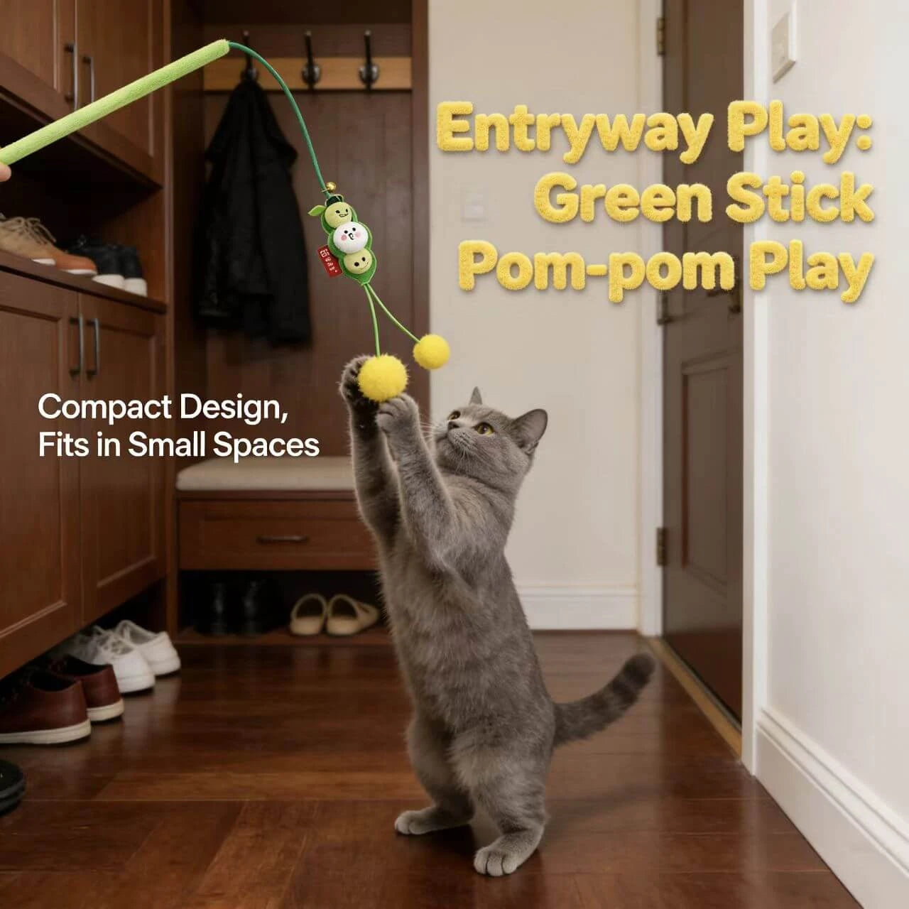 Cute Pea Pod Cat Teaser - Soft Pom-Pom Tassels, Bell, Green Fabric Wand